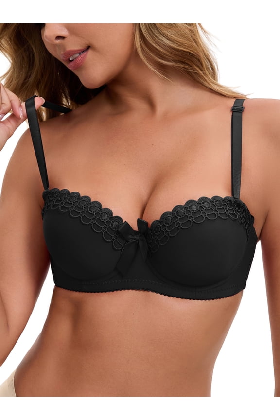 Women's Convertible Bra Half Cup French Underwire Maximizer Push Up Bow Decoration Lingerie L Black