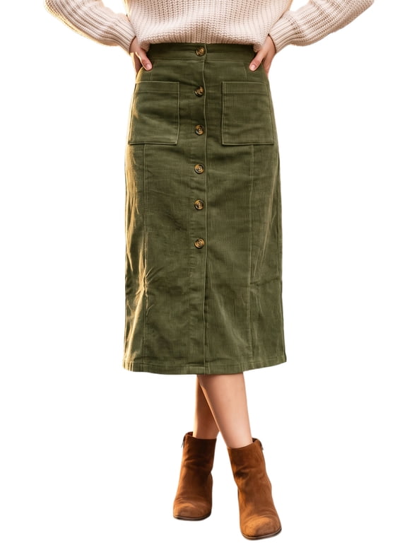 Women's Corduroy Button Down A-Line Elastic High Waist Midi Skirt S Green