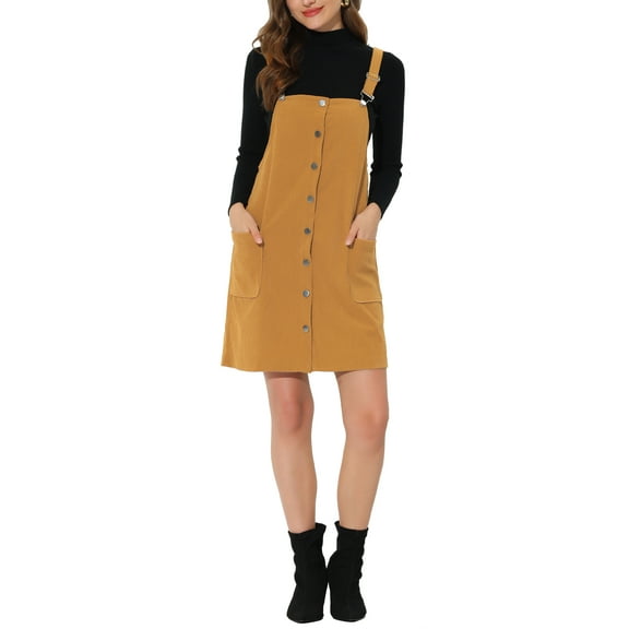 INSPIRE CHIC Women's Corduroy Dress Adjustable Straps Button Down Pinafore Overall Dress with Pockets XL Mustard