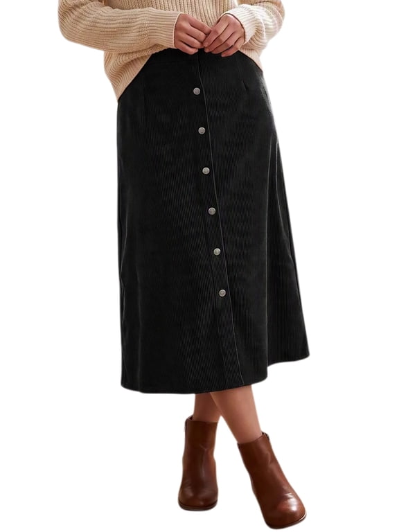 Women's Corduroy High Waist Single Button Down A-Line Midi Skirt S Black