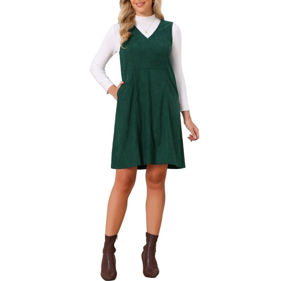 INSPIRE CHIC Women's Corduroy Overall Dress 2026 V Neck Sleeveless A Line Casual Pinafore Dresses with Pockets L Dark Green