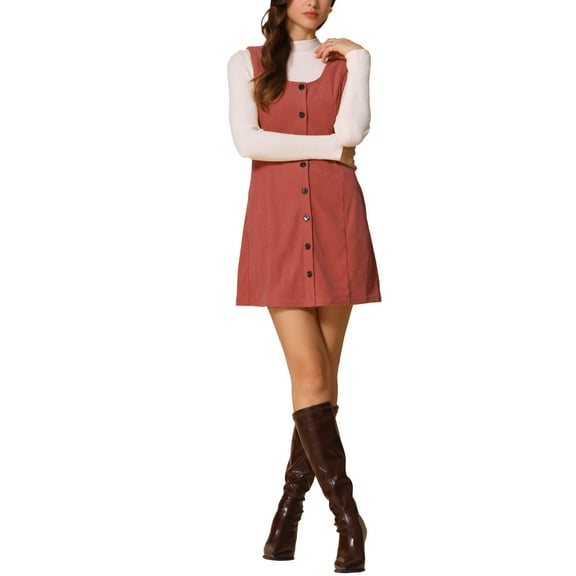 INSPIRE CHIC Women's Suspender Dress Scoop Neck Pinafore Overall Corduroy Casual Dress XL Dark Orange