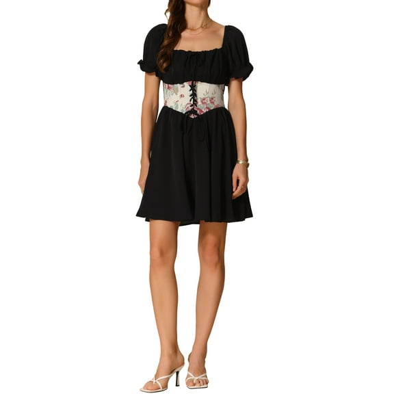 INSPIRE CHIC Women's Corset Mini Dress Square Neck Short Sleeve Patchwork Smocked Dresses XL Black