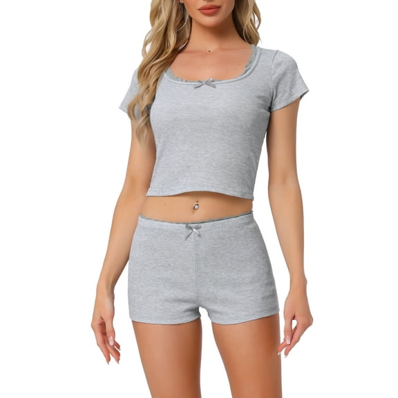 INSPIRE CHIC Women's Cotton Pajama Sets Lace Trim Short Sleeve Top and Shorts Lounge Set XS Gray