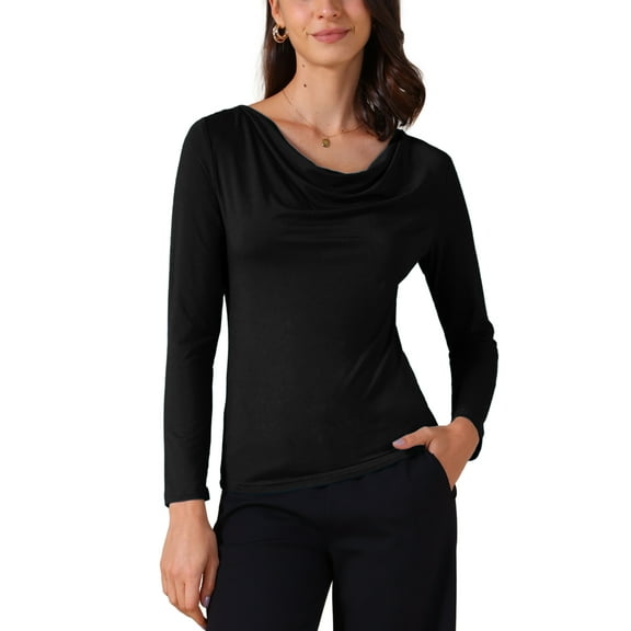 INSPIRE CHIC Women's Cowl Neck Long Sleeves Fitted Layering Top Soft T-Shirt L Black