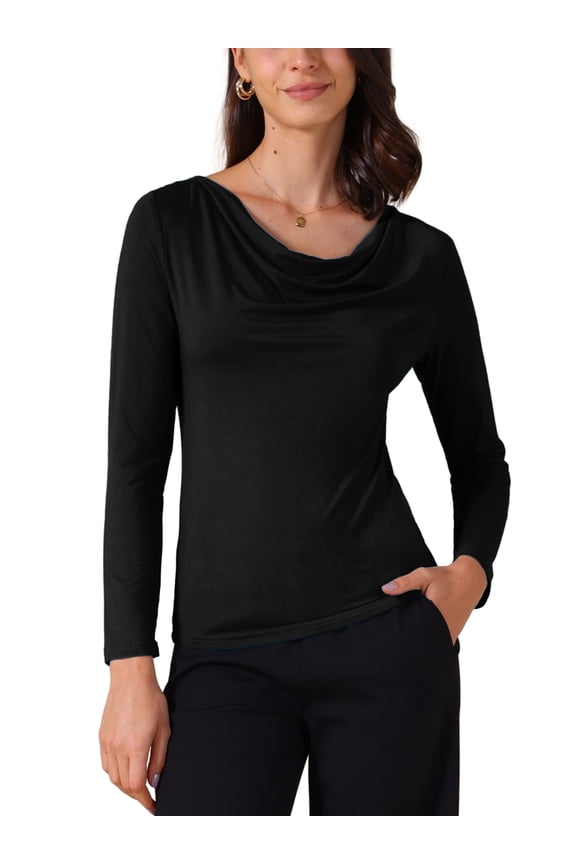 Women's Cowl Neck Long Sleeves Fitted Layering Top Soft T-Shirt L Black