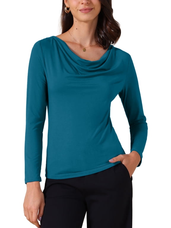 Women's Cowl Neck Long Sleeves Fitted Layering Top Soft T-Shirt L Peacock Blue