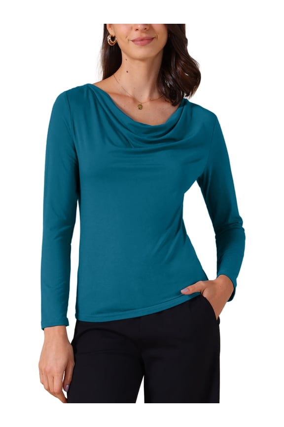 Women's Cowl Neck Long Sleeves Fitted Layering Top Soft T-Shirt L Peacock Blue