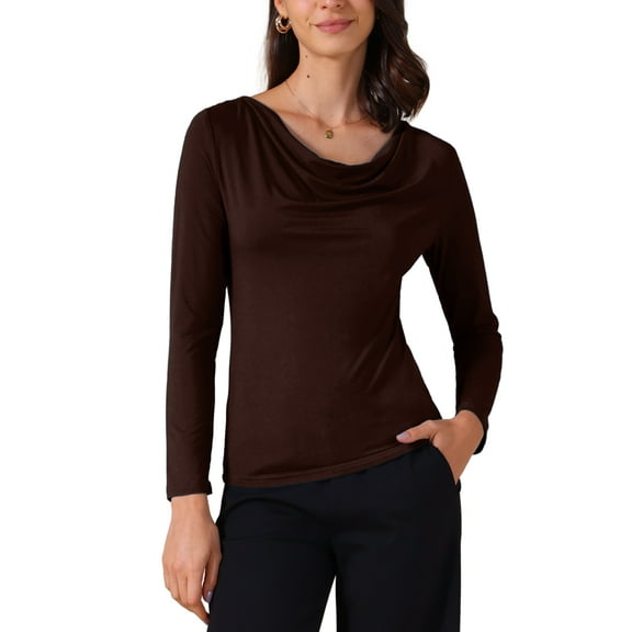 INSPIRE CHIC Women's Cowl Neck Long Sleeves Fitted Layering Top Soft T-Shirt XL Coffee Brown