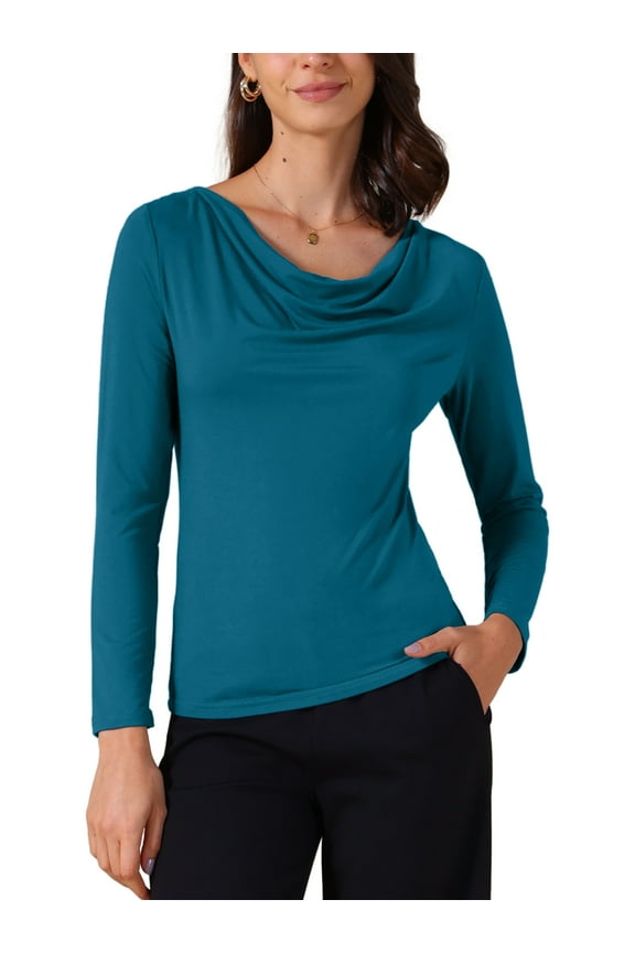 Women's Cowl Neck Long Sleeves Fitted Layering Top Soft T-Shirt XL Peacock Blue