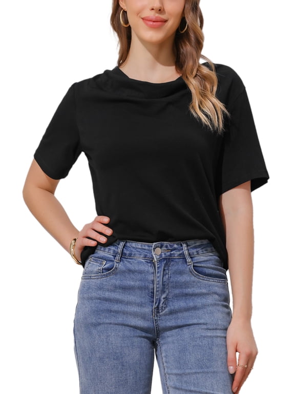 Women's Cowl Neck Short Sleeve Casual Stretchy Top M Black