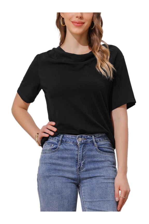 Women's Cowl Neck Short Sleeve Casual Stretchy Top M Black