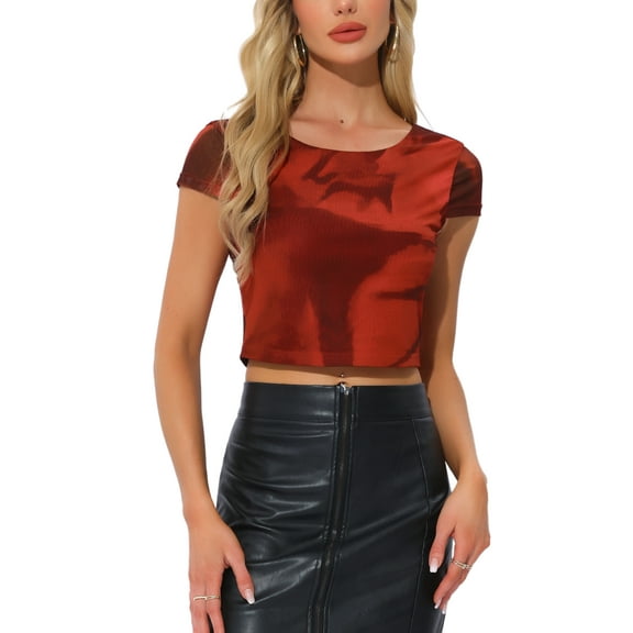 INSPIRE CHIC Women's Crew Neck Short Sleeve Mesh Cap Sleeve Crop Top XS Red