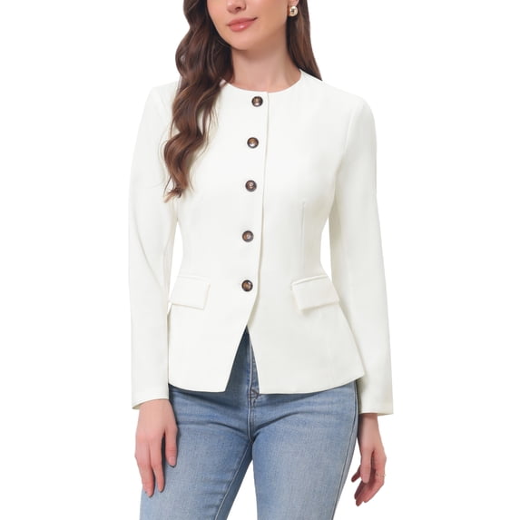 INSPIRE CHIC Women's Crewneck Button Down Long Sleeve Blazer Jacket White L