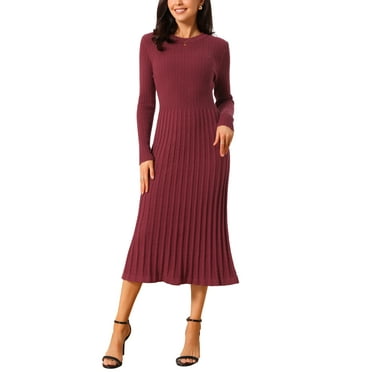 Women's Long Sleeve Sweater Dress Fall 2025 Crewneck Ribbed Knit Pleated A-Line Midi Dresses L Wine Red