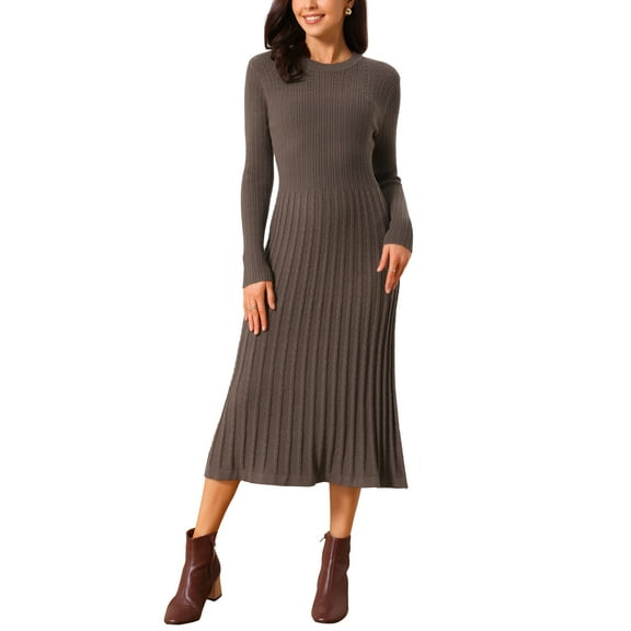 INSPIRE CHIC Women's Long Sleeve Sweater Dress Fall 2025 Crewneck Ribbed Knit Pleated A-Line Midi Dresses S Coffee