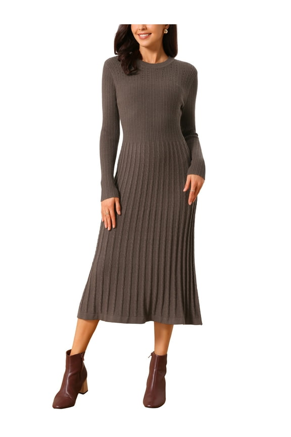 Women's Long Sleeve Sweater Dress Crewneck Ribbed Knit Pleated A-Line Midi Dresses S Coffee