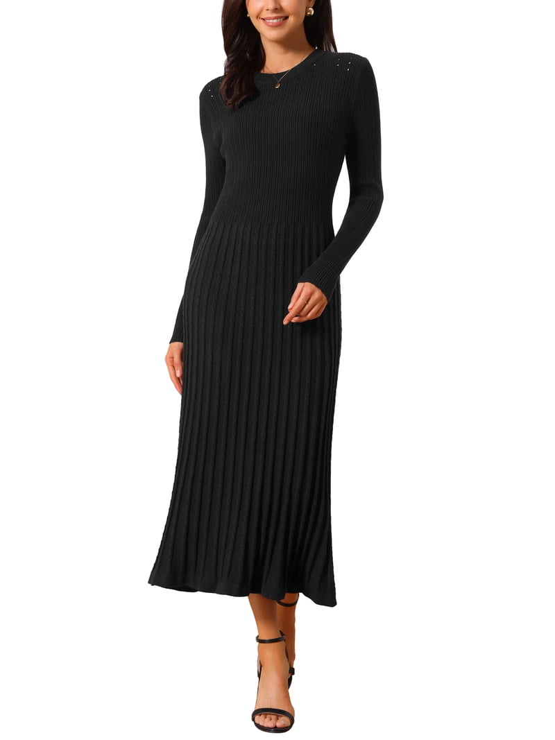 black ribbed long sleeve midi dress Valerie Ribbed Knit Long Sleeve Maxi Dress (Black) La Belle Boutique