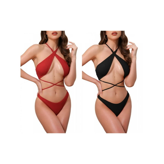 Women's Criss Cross Ribbed Knit Bikini Sets, 2 Piece Strappy Top Triangle Bottom Swimwear Bathing Suits 2 Sets Large Black, Red