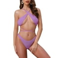 thumbnail image 1 of INSPIRE CHIC Women's Criss Cross Ribbed Knit Bikini Sets, 2 Piece Strappy Top Triangle Bottom Swimwear Bathing Suits X-Large Purple, 1 of 5