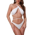 thumbnail image 1 of INSPIRE CHIC Women's Criss Cross Ribbed Knit Bikini Sets, 2 Piece Strappy Top Triangle Bottom Swimwear Bathing Suits X-Small White, 1 of 5