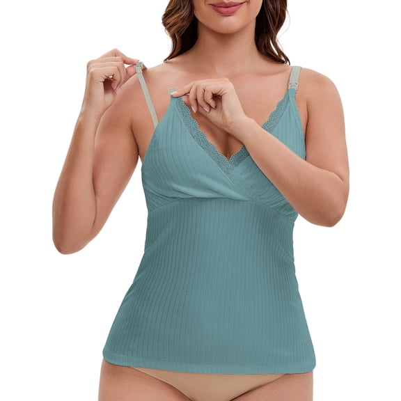INSPIRE CHIC Women's Crisscross Lace Trim Adjustable Shoulder Straps Maternity Nursing Tops Camisole Padded for Breastfeeding M Blue