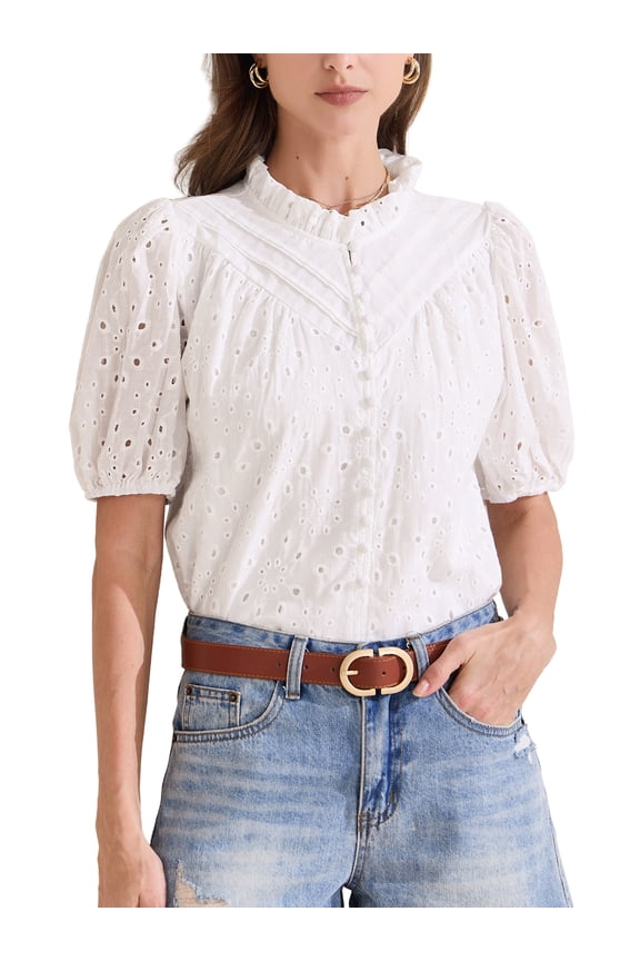 Women's Crochet Blouse Ruffle Neck Short Sleeve Hollow Out Summer Tops M White