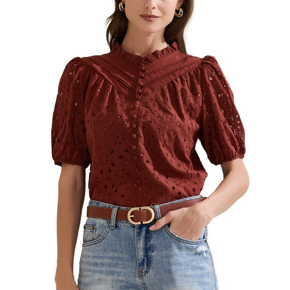 INSPIRE CHIC Women's Crochet Blouse Ruffle Neck Short Sleeve Hollow Out Summer Tops S Dark Red