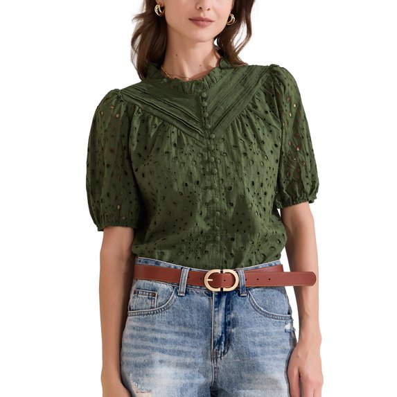 INSPIRE CHIC Women's Crochet Blouse Ruffle Neck Short Sleeve Hollow Out Summer Tops XL Green