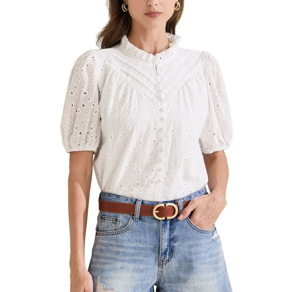 INSPIRE CHIC Women's Crochet Blouse Ruffle Neck Short Sleeve Hollow Out Summer Tops XL White