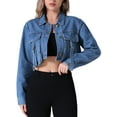 thumbnail image 1 of INSPIRE CHIC Women's Crop Denim Long Sleeve Cargo Pockets Washed Jean Jackets M Blue, 1 of 5