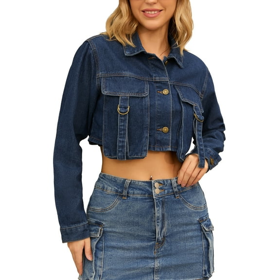 INSPIRE CHIC Women's Crop Denim Long Sleeve Cargo Pockets Washed Jean Jackets S Dark Blue