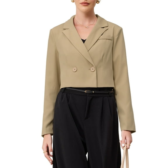 INSPIRE CHIC Women's Cropped Blazers Notched Lapel Double Breasted Long Sleeve Business Casual Suit Jackets M Khaki