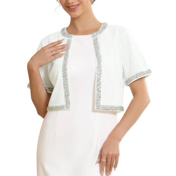 INSPIRE CHIC Women's Cropped Bolero Sequined Trim Short Sleeves Open Front Shrugs M White