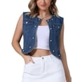 thumbnail image 1 of INSPIRE CHIC Women's Cropped Denim Cardigan Sleeveless Decor Pearl Jean Jacket Shrug S Blue, 1 of 5