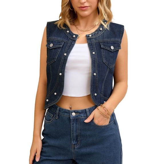 INSPIRE CHIC Women's Cropped Denim Cardigan Sleeveless Decor Pearl Jean Jacket Shrug S Deep Blue