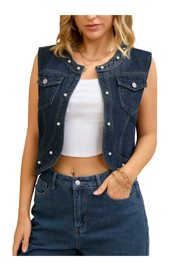 Women's Cropped Denim Cardigan Sleeveless Decor Pearl Jean Jacket Shrug XL Deep Blue