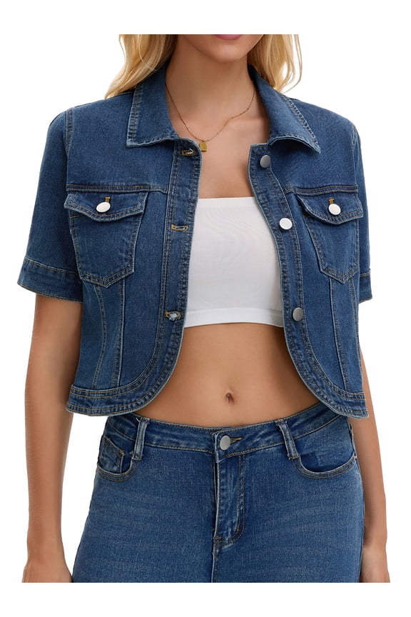 Women's Short Sleeve Denim Jackets Cropped Button Down with Pockets Classic Jean Jacket S Blue