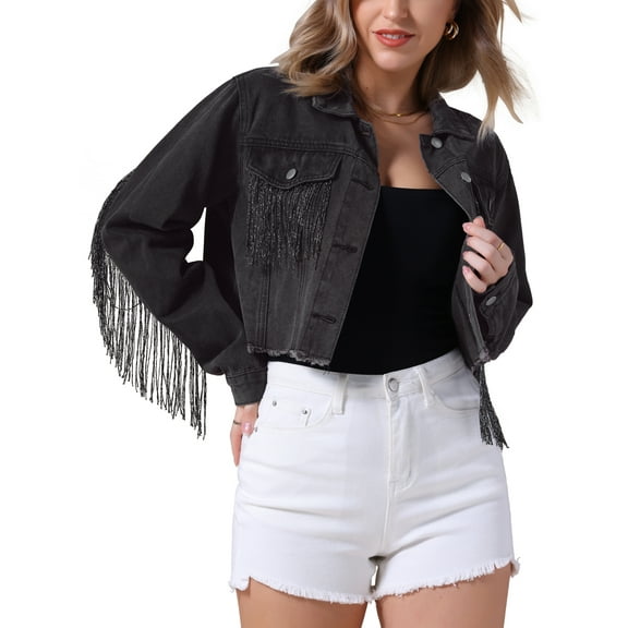 INSPIRE CHIC Women's Jacket Cropped Jean Fringe Long Sleeve Frayed Hem Tassel Trim Denim Jacket L Black