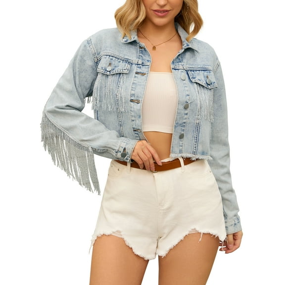 INSPIRE CHIC Women's Jacket Cropped Jean Fringe Long Sleeve Frayed Hem Tassel Trim Denim Jacket S Light Blue