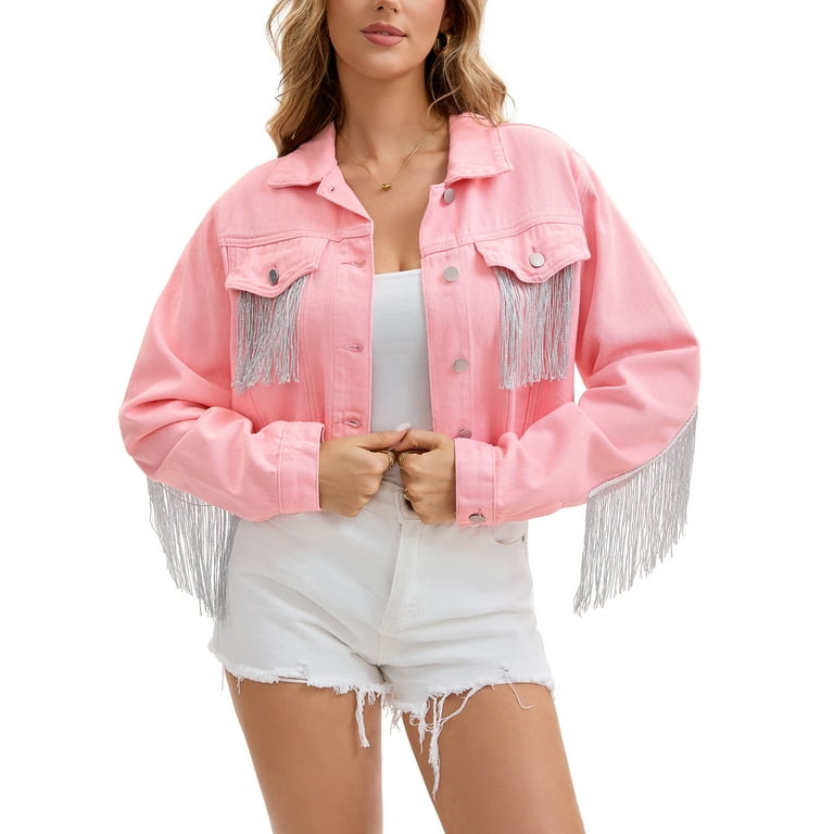 Tassel Fray Hem Denim Jacket Womens Short Sleeve Jackets Denim Jacket With  Rhinestones Pearl Chain Tassel Frayed Hem Cropped Jean Coat