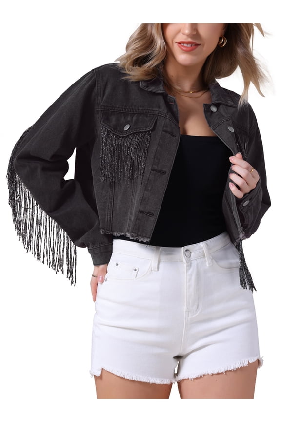 Women's Jacket Cropped Jean Fringe Long Sleeve Frayed Hem Tassel Trim Denim Jacket XL Black