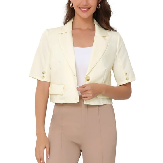 INSPIRE CHIC Women's Cropped Short Sleeve One Button Notched Collar Work Blazer XS Beige