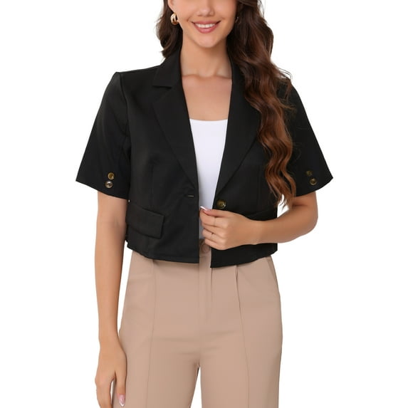 INSPIRE CHIC Women's Cropped Short Sleeve One Button Notched Collar Work Blazer XS Black