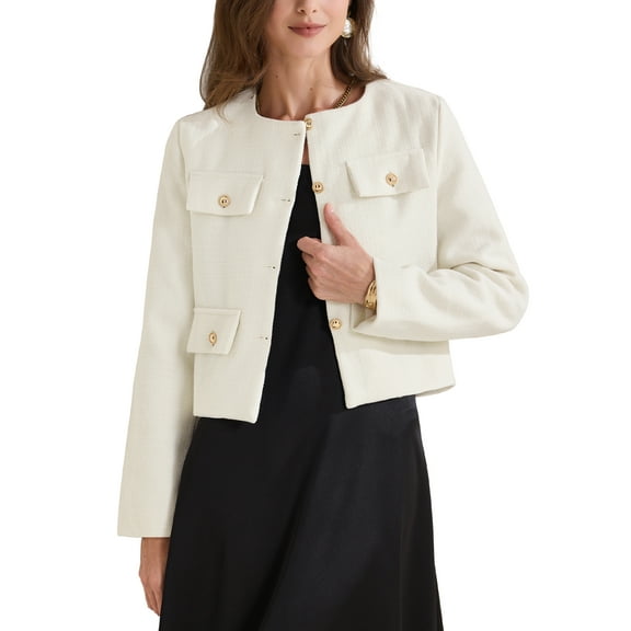 INSPIRE CHIC Women's Cropped Tweed Long Sleeve Button Down Fall Winter Work Business Jacket M White