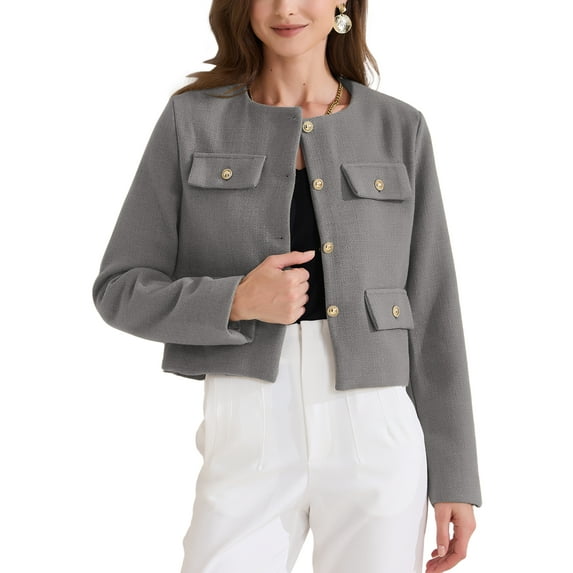 INSPIRE CHIC Women's Cropped Tweed Long Sleeve Button Down Fall Winter Work Business Jacket XS Grey