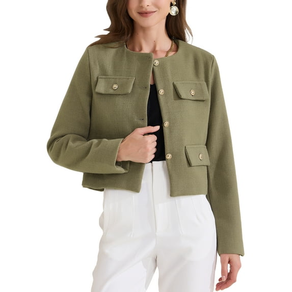 INSPIRE CHIC Women's Cropped Tweed Long Sleeve Button Down Fall Winter Work Business Jacket XS Olive Green