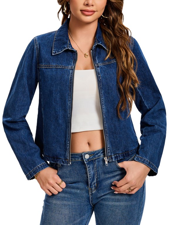 Women's Cropped Zip Up Denim Jacket Long Sleeve Motorcycle Bomber Style Coat L Dark Blue