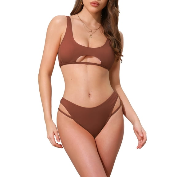 INSPIRE CHIC Women's Cutout Racerback Ribbed Bikini Sets, 2 Piece Scoop Neck Top Triangle Bottom Swimwear Bathing Suits Large Light Red Brown