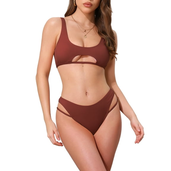 INSPIRE CHIC Women's Cutout Racerback Ribbed Bikini Sets, 2 Piece Scoop Neck Top Triangle Bottom Swimwear Bathing Suits Large Red Brown